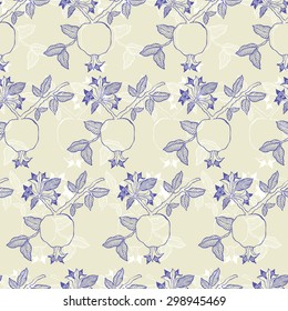 The linear design of pomegranate branches, flowers and leaves - vector seamless pattern