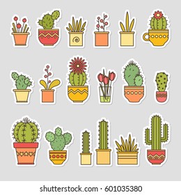 linear design, potted cactus. Set of colored stickers Vector