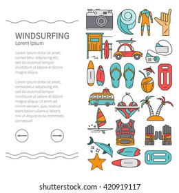 Linear Design Windsurfing brochure template, leaflets. Sail, board, wave, wetsuit, starfish, swimsuit. The concept of an active summer holiday. Family holiday.