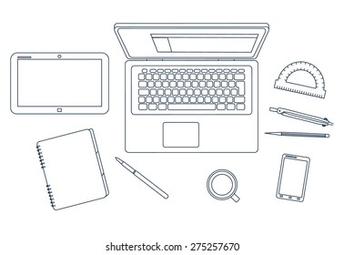 Linear desktop. Isolated on white background. Set of linear objects