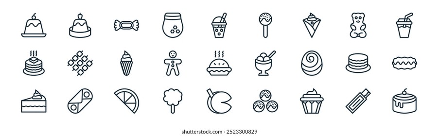 Vector de goma de mascar de línea delgada, natillas, dulces, oso de goma, hombre de jengibre, eclair, galleta de la fortuna, iconos de rollo de canela adecuados para App y Sitios web UI diseños