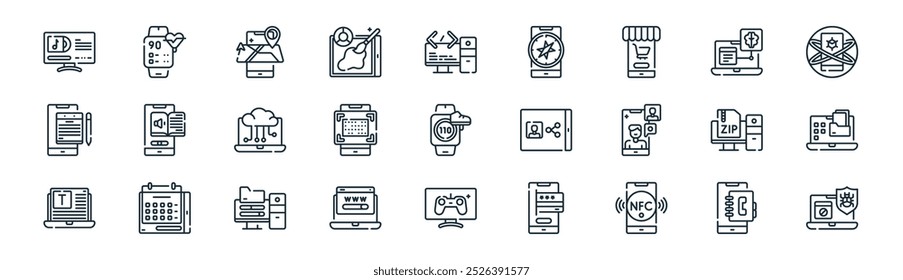 linear devices applications icon pack. vector thin line contact book, heart rate,  , hine learning, qr code, folder, video game, antivirus icons suitable for apps and websites ui designs