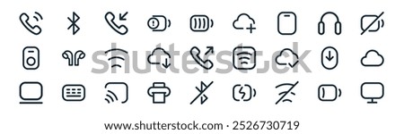 linear devices and connectivity icon pack. vector thin line battery,  , incoming call, headphones, cloud download, cloud,  desktop icons suitable for apps and websites ui