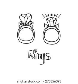 Linear diamond engagement beautiful  ring abstract vector icon in Black And White  color with  hand drawn lettering