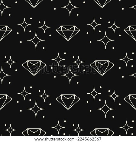 Linear diamond and stars on black vector seamless pattern. Outline gem stone and starry sky endless illustration