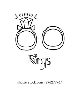 Linear Diamond Wedding Beautiful  Ring Abstract Vector Icon In Black And White  Color With  Hand Drawn Lettering