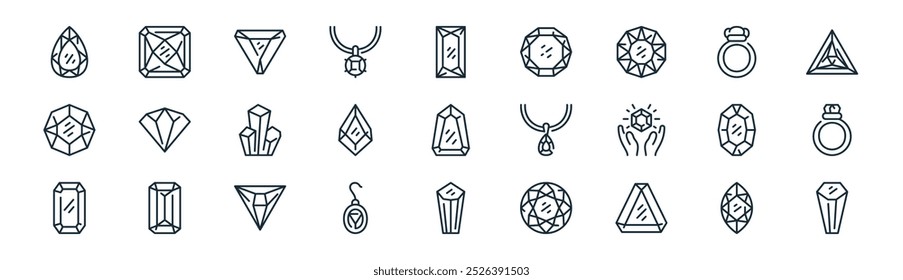 lineares diamantes ícone pack. vetor linha fina diamante, diamante, amethyst, anel, tanzanite, anel, pedra preciosa, ícones de pedra preciosa adequados para aplicativos e sites ui designs