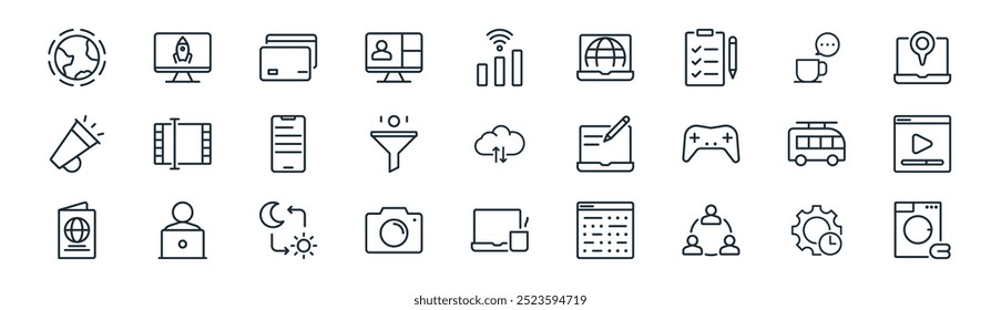 linear digital icon pack. vector thin line time management, startup, credit card, coffee, filter, vlogger, coffee, laundry icons suitable for apps and websites ui designs