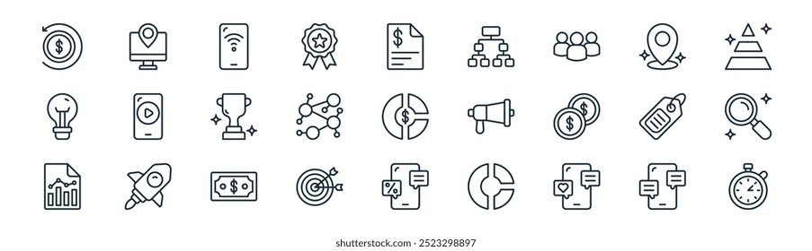 linear digital marketing icon pack. vetor thin line chat, monitor, conexão, pin point, conectividade, lente de aumento, desconto, ícones de temporizador adequados para apps e sites ui designs