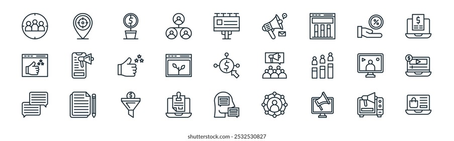 linear digital marketing icon pack. vector thin line content marketing, location, growth, commission, reach, paid media, storytelling, online business icons suitable for apps and websites ui designs