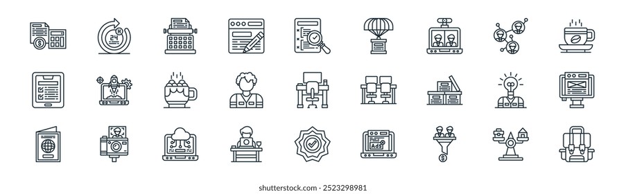 linear digital nomad icon pack. vetor thin line balance, hora, máquina de escrever, rede, empregar, web de, bom trabalho, ícones de mochila adequados para aplicativos e sites ui designs