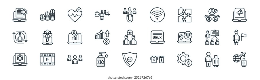 linear digital nomad icon pack. vector thin line travel, revenue, healthcare, accessibility, product growth, independent, safety, travel insurance icons suitable for apps and websites ui designs