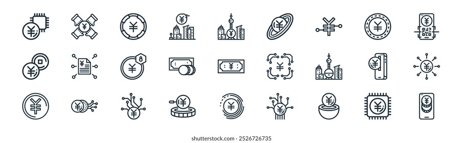 linear digital yuan icon pack. vector thin line cpu, cooperation, money, money, money, payment icons suitable for apps and websites ui designs