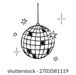 Linear disco ball. Hand drawn vector doodle illustration. Whimsical mirrorball, party sketch