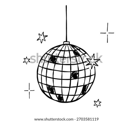 Linear disco ball. Hand drawn vector doodle illustration. Whimsical mirrorball, party sketch