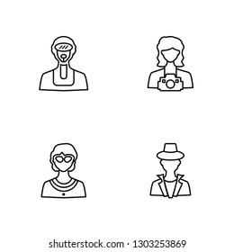 Linear Diver, Librarian, Photographer, Detective Vector Illustration Of 4 outline Icons. Editable Pack Of Diver, Librarian, Photographer, Detective