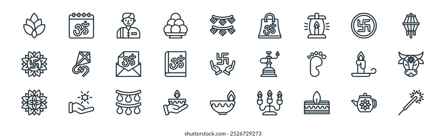 linear diwali icon pack. vector thin line kettle, diwali, indian man, hindu, book, cow, candle, sparkler icons suitable for apps and websites ui designs