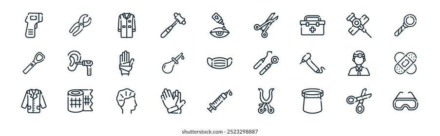 linear doctor equipment icon pack. vector thin line scissors, dental, medical, cannula, enema, plaster, syringe, safety icons suitable for apps and websites ui designs