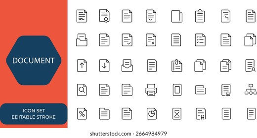 Coleção de ícones de documento linear em estilo de traçado editável. Conjunto de ícones da Web incluindo contrato, certificado, pasta, área de transferência, fatura, arquivo, aprovado, aceitar documentos e muito mais