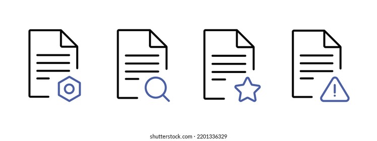 Linear Document Managament Black Icon Set, Settings Document, Searching. Add To Important And Warning File Icons. Action With Document File.