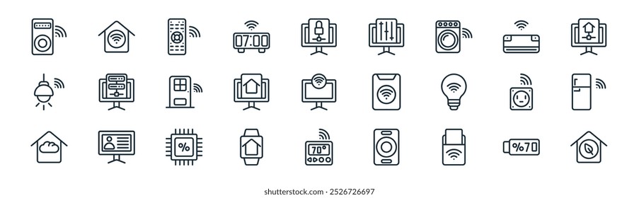linear domotics icon pack. vector thin line battery, domotics, remote control, air conditioner, smart home, refrigerator, thermostat, sustainable icons suitable for apps and websites ui designs