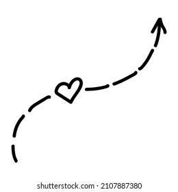 Linear doodle arrow with heart and dotted line. Love pointer, trajectory, like. Vector design element for social media, valentines day and romantic designs.