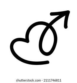 Linear doodle arrow with heart. Love pointer, trajectory, like. Vector design element for social media, valentines day and romantic designs.
