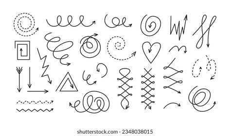 Linear doodle arrows. Ink, marker and pen marks. Hand drawn scribbles. Black and white. Abstract line art shapes.