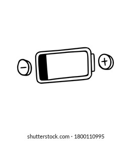 Icono de batería de doodle lineal con signos más y menos. Cargando la batería. Concepto de negocio.Dibujo de ilustración lineal. Vector de fondo blanco