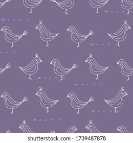 Linear doodle birds seamless vector purple pattern. Simple surface print design. For fabrics, stationery, textiles, wrapping paper, scrapbooking, and packaging.