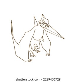 Linear doodle drawing of pterodactyl, vector sketch isolated on the white background. Primeval fauna, Cretaceous Period.
