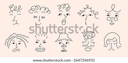 linear doodle faces with hairstyle set in vector. Elements for avatar sticker poster print mascot design character postcard