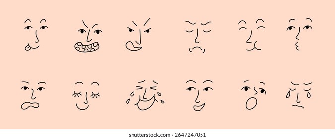 linear doodle faces set in vector. Elements for avatar sticker poster print mascot design character postcard