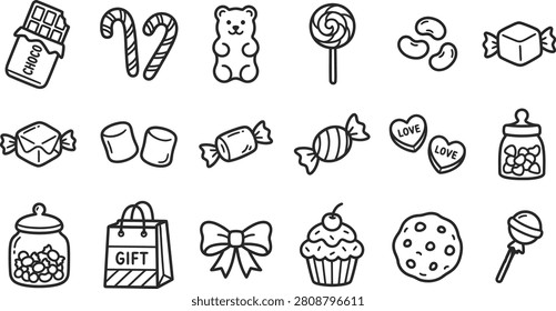 Linear doodle graphics showing various sweets like candy canes marshmallows jelly beans cookies and festive gift shopping bag.