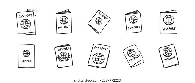 Linear doodle hand drawn passport icon set. Outline drawing international passport control, travel concept. Vector illustration