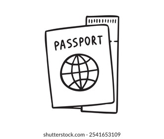 Linear doodle hand drawn passport on white background. Outline drawing international passport control, travel concept. Vector illustration