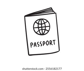 Linear doodle hand drawn passport on white background. Outline drawing international passport control, travel concept. Vector illustration