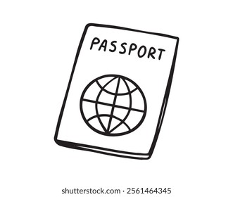 Linear doodle hand drawn passport on white background. Outline drawing international passport control, travel concept. Vector illustration