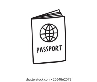 Linear doodle hand drawn passport on white background. Outline drawing international passport control, travel concept. Vector illustration