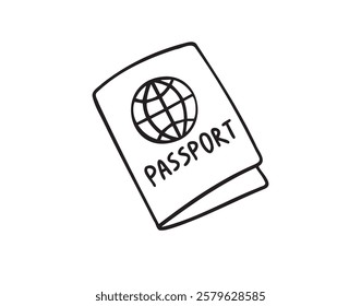 Linear doodle hand drawn passport on white background. Outline drawing international passport control, travel concept. Vector illustration