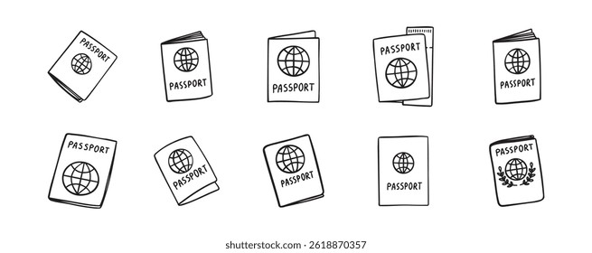 Linear doodle hand drawn passport icon set. Outline drawing international passport control, travel concept. Vector illustration