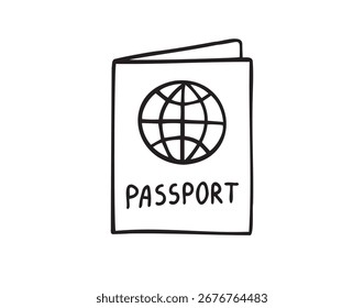 Doodle lineal dibujado a mano pasaporte sobre fondo blanco. Esquema de dibujo de control internacional de pasaportes, concepto de viaje. Ilustración vectorial