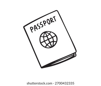 Linearer, handgezeichneter Pass auf weißem Hintergrund. Skizze der internationalen Passkontrolle, Reisekonzept. Vektorgrafik
