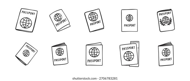 Conjunto de iconos de pasaporte dibujado a mano de doodle lineal. Esquema de dibujo de control internacional de pasaportes, concepto de viaje. Ilustración vectorial