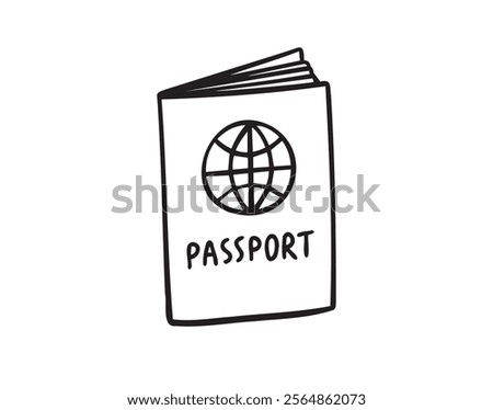 Linear doodle hand drawn passport on white background. Outline drawing international passport control, travel concept. Vector illustration