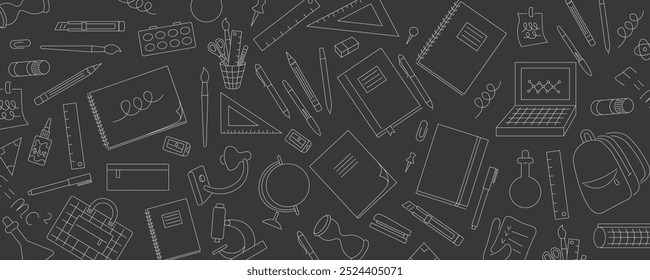 Fondo Horizontal de doodle lineal con papelería y cosas para la escuela y la educación. doodles para el póster de Sitio web Fondo de Fondo de pantalla Paquete de Anuncio Envoltura