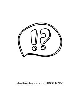 Linear doodle icon - a bubble with question and exclamation marks. Discussion and emotion symbol.Hand drawn linear illustration. Vector on white background