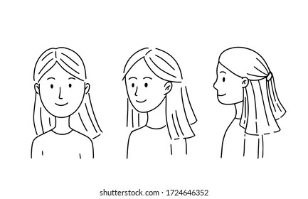 Linear doodle illustration of a girl in different positions: front, three quarters, profile. Woman portrait icon, logo for design and graphics.