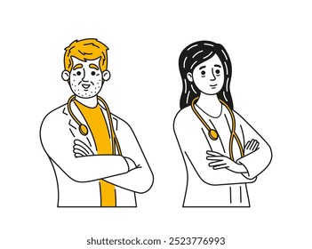 Las Ilustraciones Doodle Lineales Representan A Dos Profesionales Médicos Confiados De Pie Con Estetoscopios Envueltos Alrededor Del Cuello