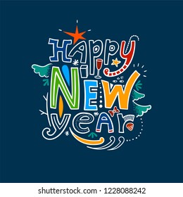 Linear doodle lettering on a winter theme with congratulations on a Happy New Year